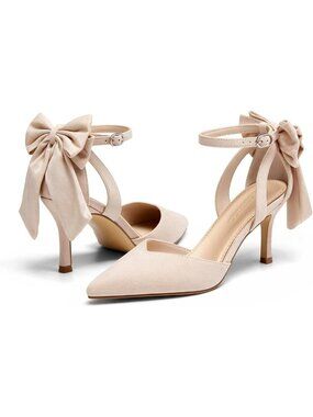 Elegant Closed Pointed Toe Kitten Heels with Bow & Ankle Strap for Weddings